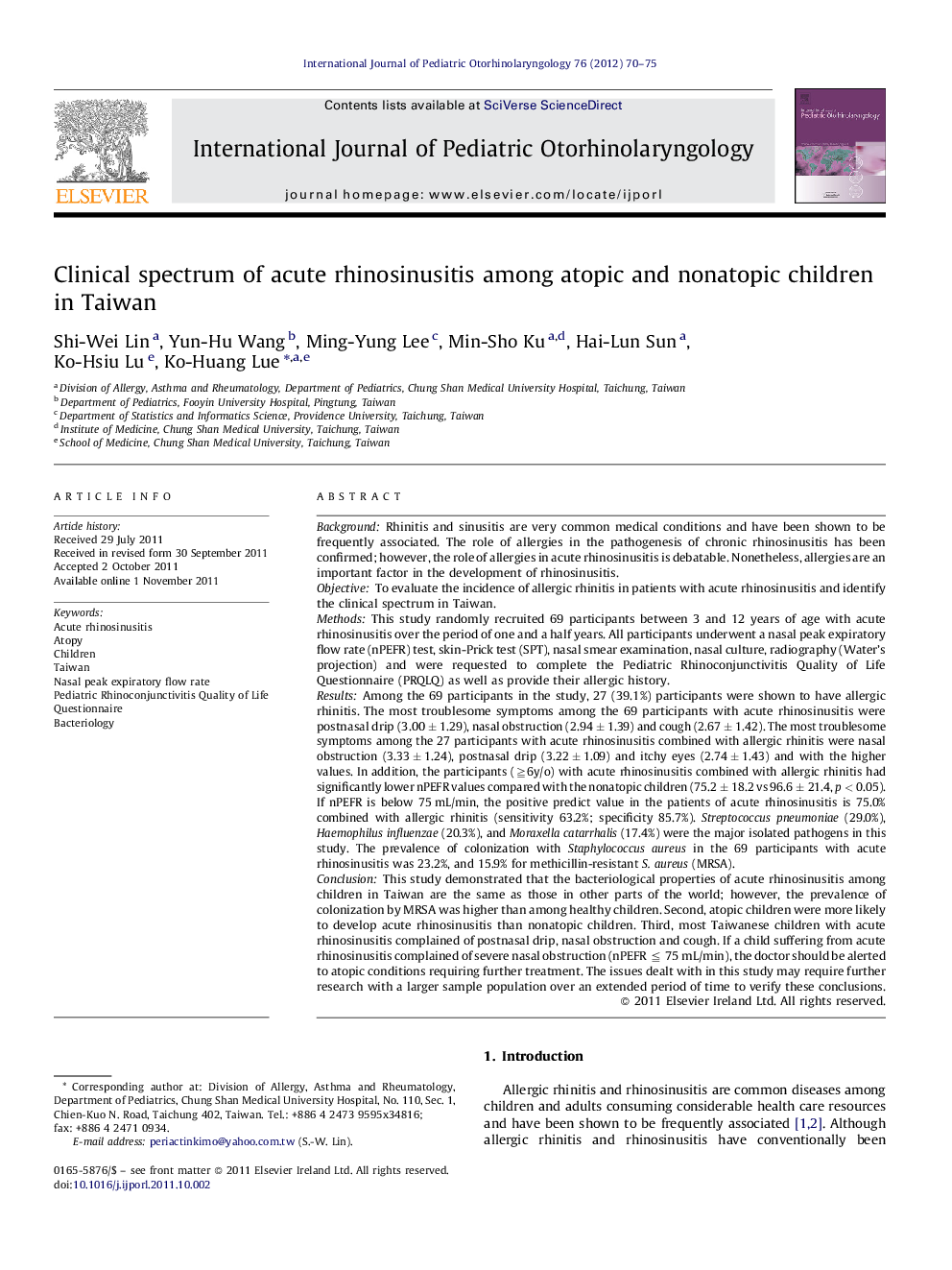 Clinical spectrum of acute rhinosinusitis among atopic and nonatopic children in Taiwan