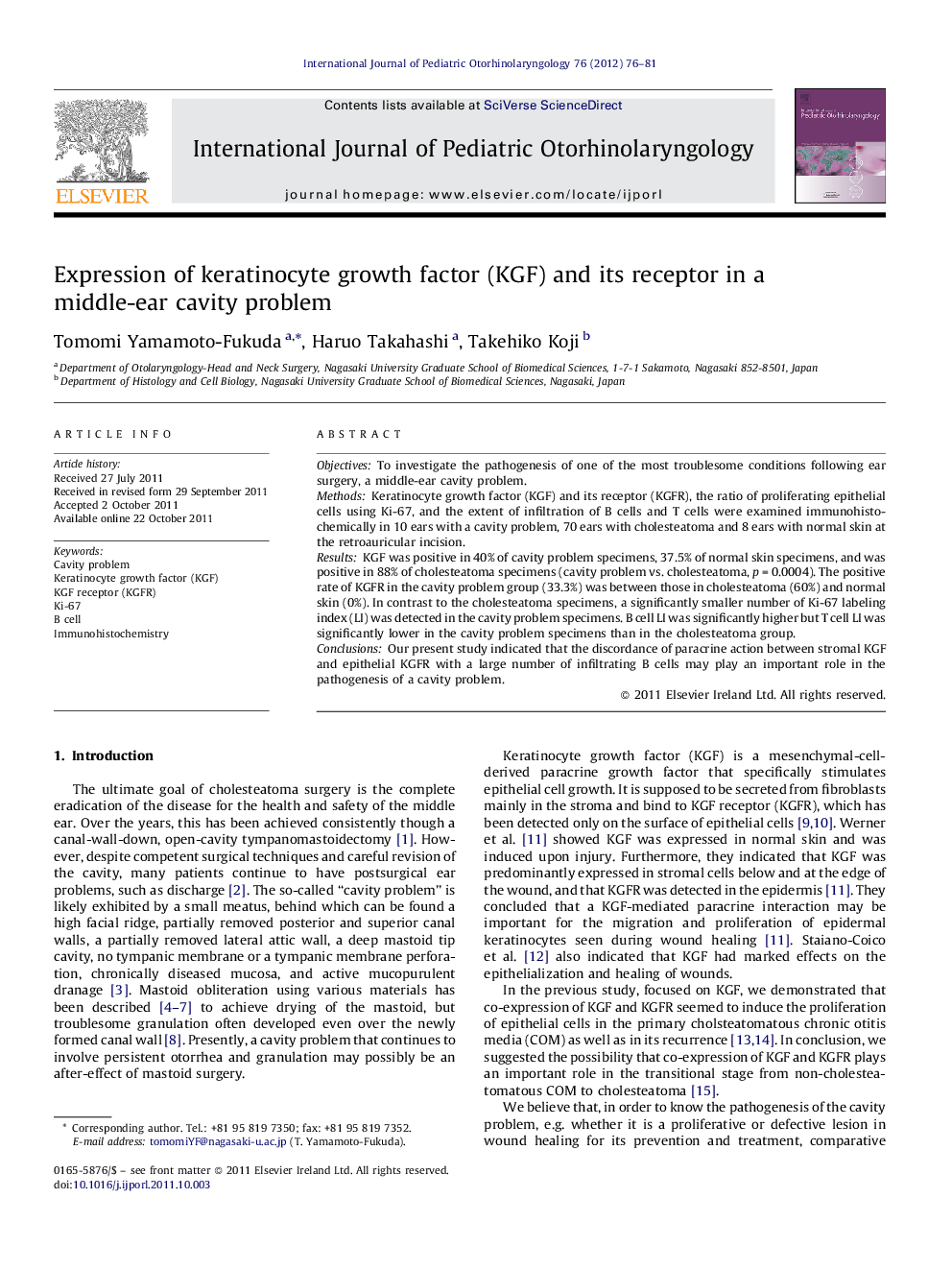 Expression of keratinocyte growth factor (KGF) and its receptor in a middle-ear cavity problem