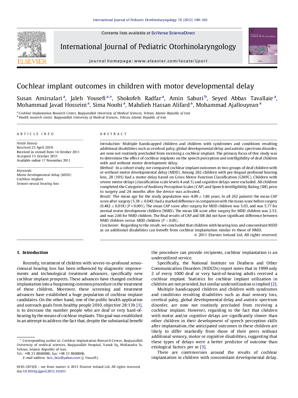 Cochlear implant outcomes in children with motor developmental delay