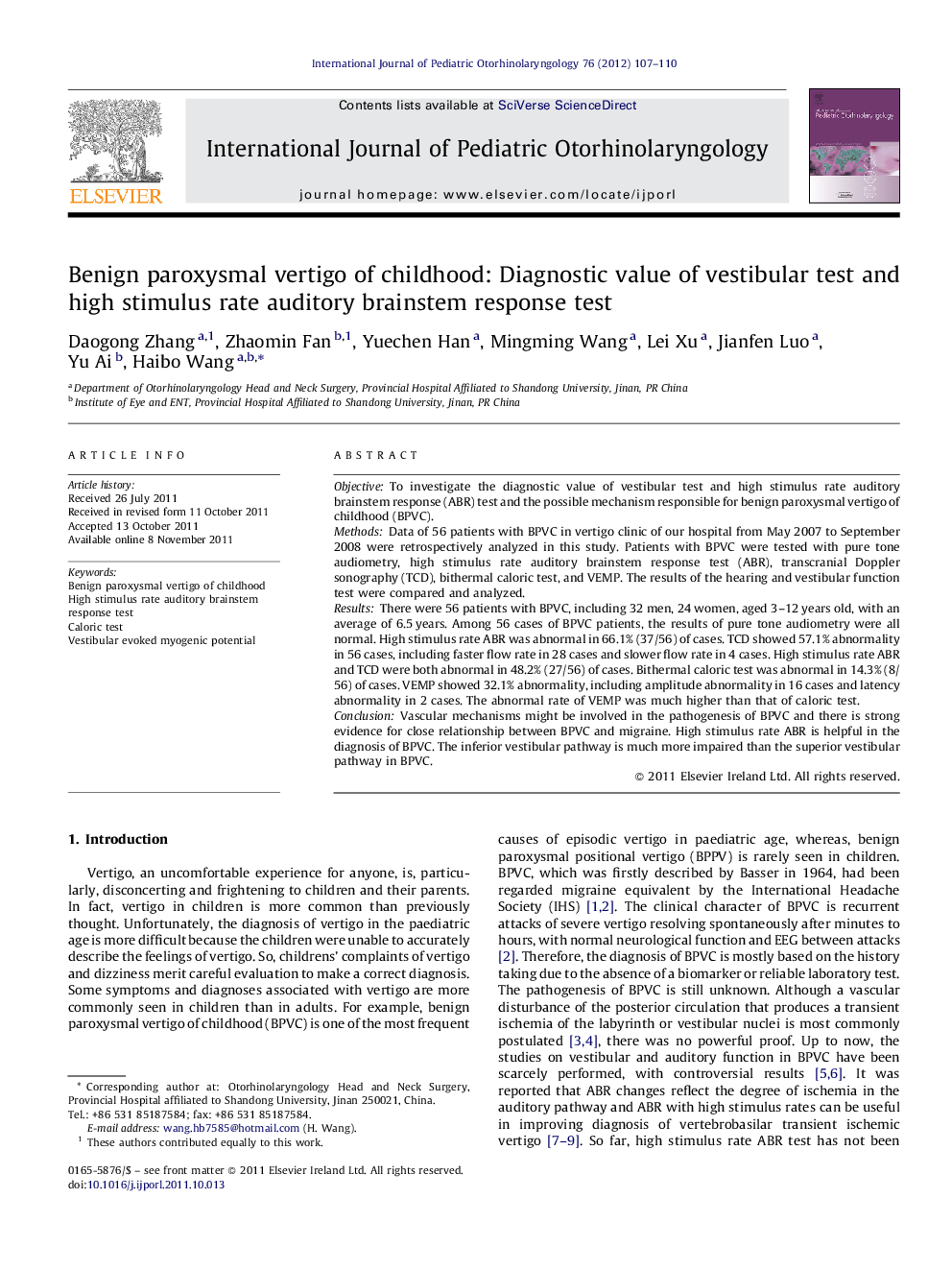 Benign paroxysmal vertigo of childhood: Diagnostic value of vestibular test and high stimulus rate auditory brainstem response test