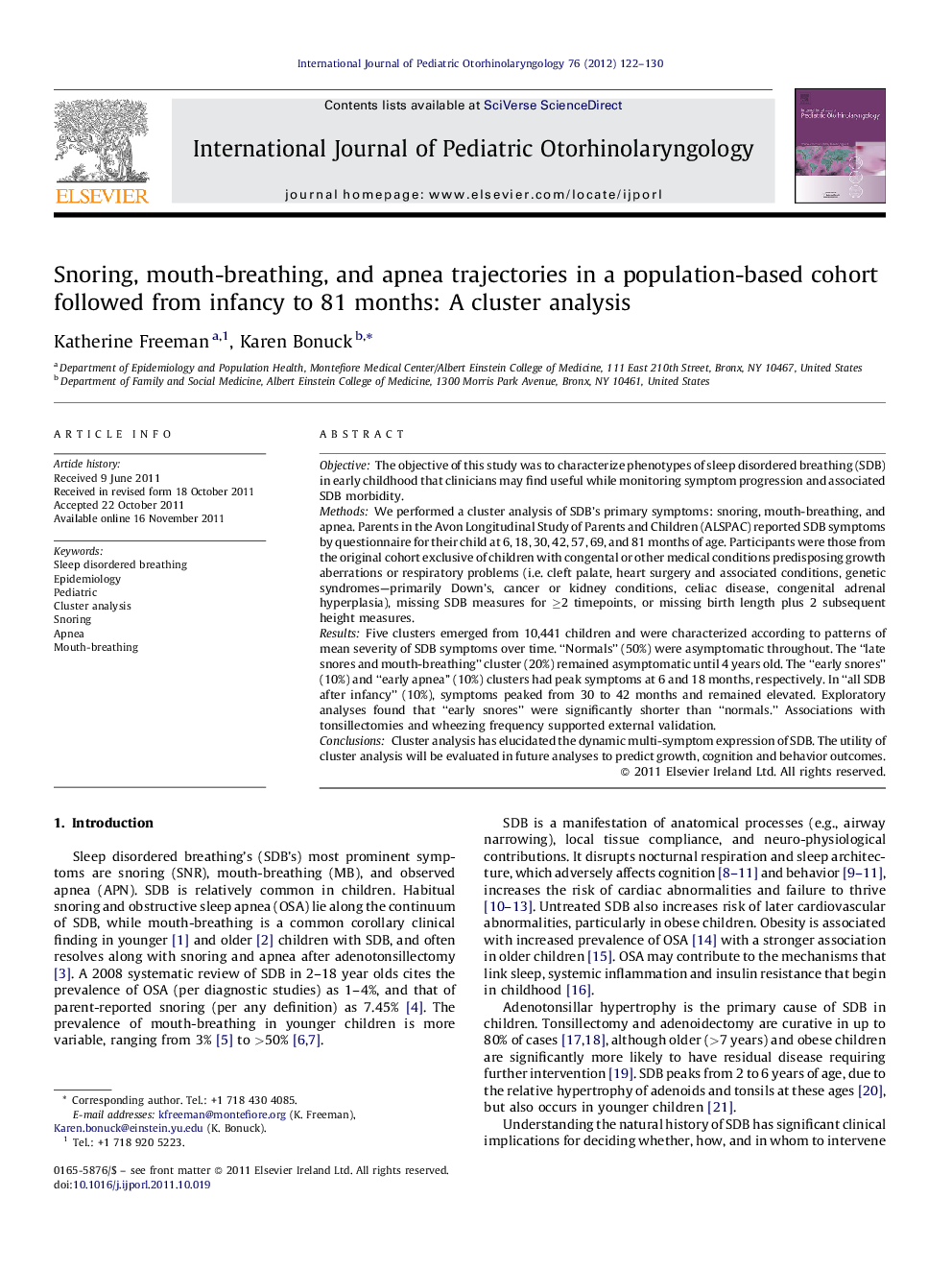 Snoring, mouth-breathing, and apnea trajectories in a population-based cohort followed from infancy to 81 months: A cluster analysis