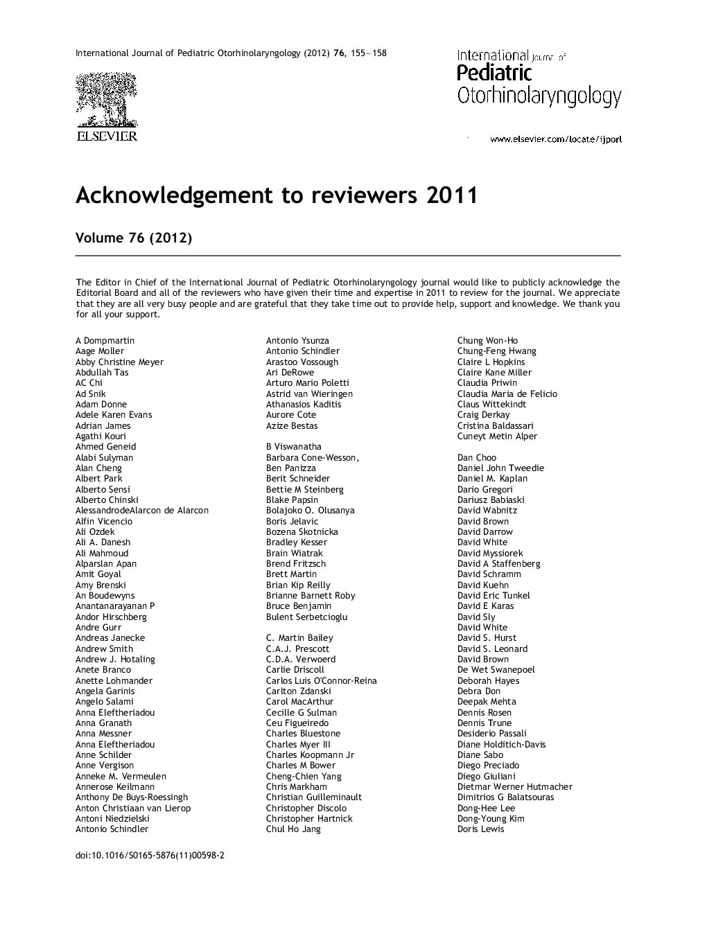 Acknowledgement to reviewers 2011