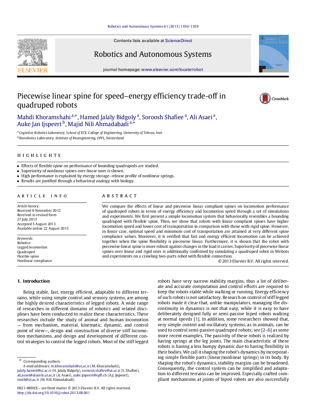 Piecewise linear spine for speed–energy efficiency trade-off in quadruped robots