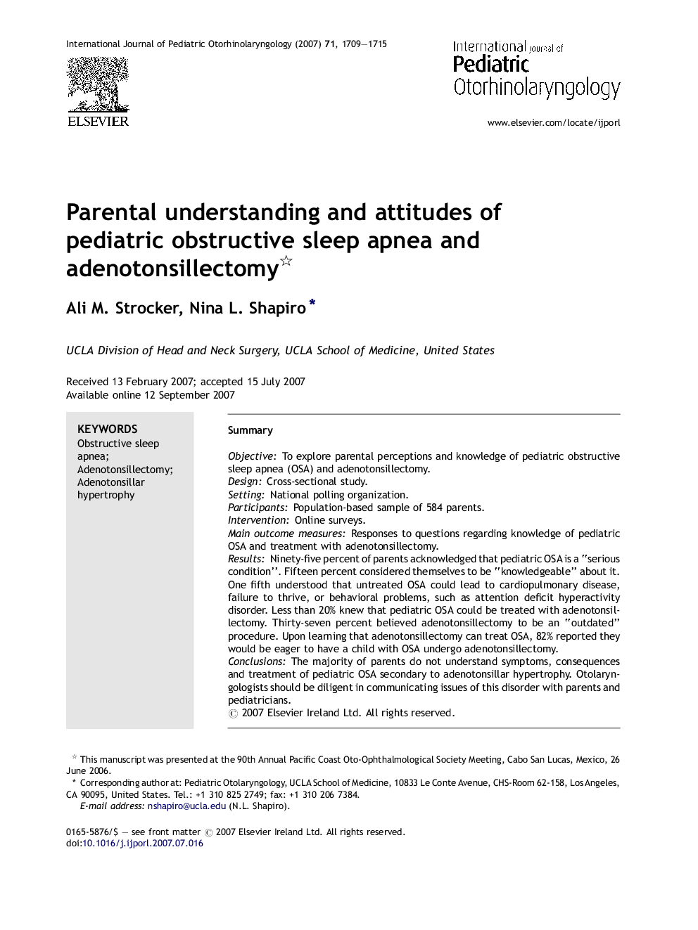 Parental understanding and attitudes of pediatric obstructive sleep apnea and adenotonsillectomy 