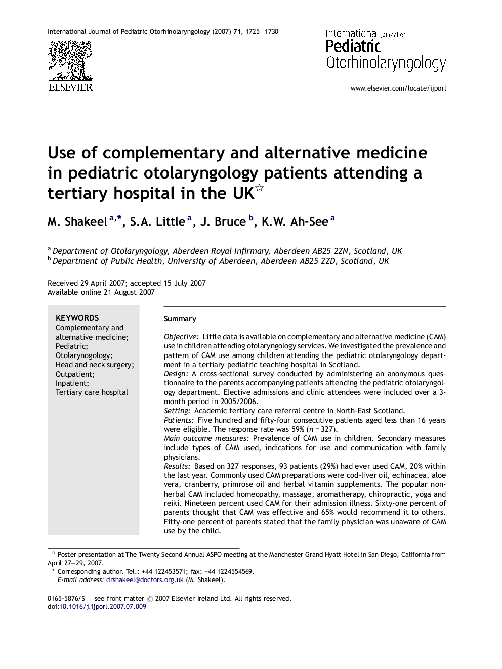 Use of complementary and alternative medicine in pediatric otolaryngology patients attending a tertiary hospital in the UK 