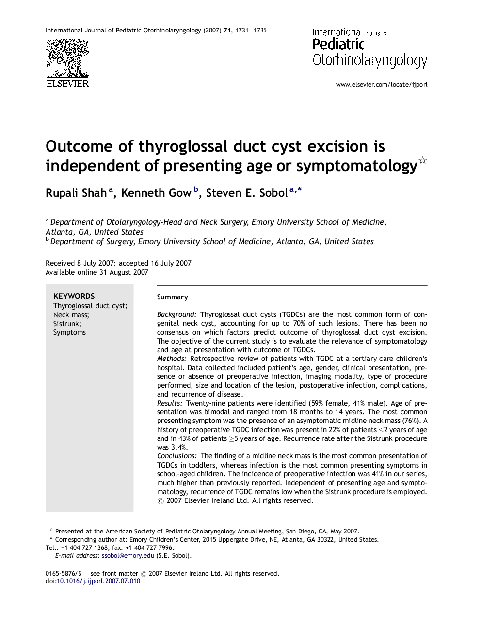 Outcome of thyroglossal duct cyst excision is independent of presenting age or symptomatology 