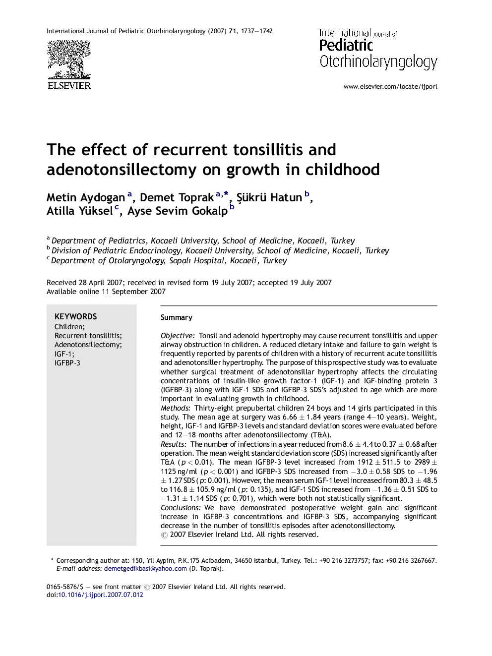 The effect of recurrent tonsillitis and adenotonsillectomy on growth in childhood