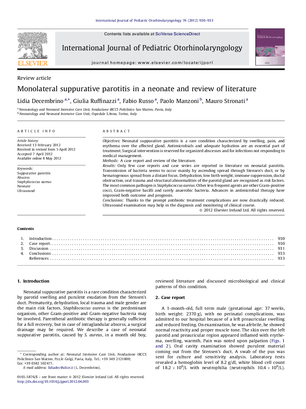 Monolateral suppurative parotitis in a neonate and review of literature