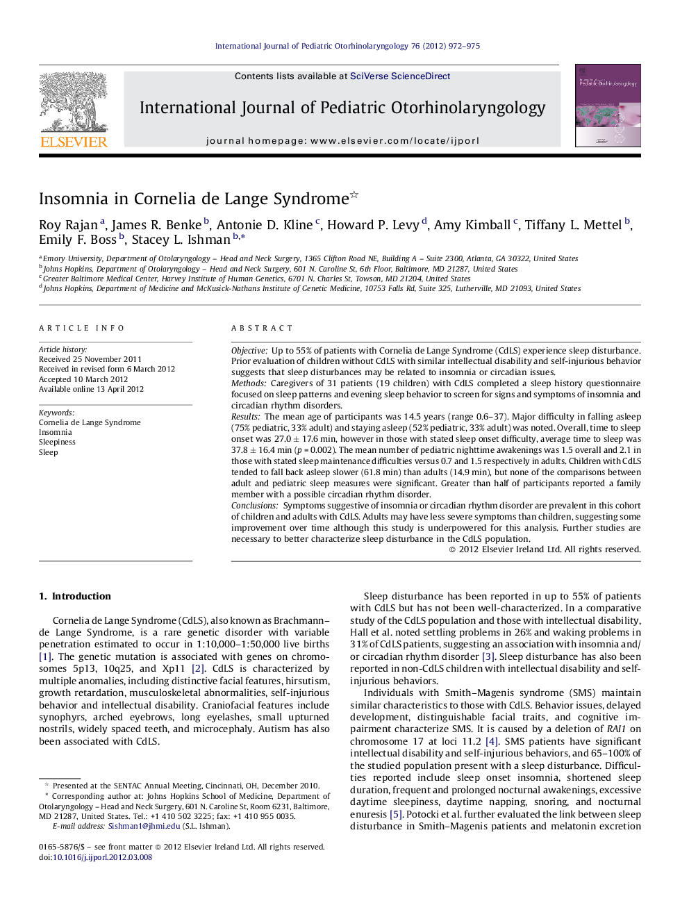 Insomnia in Cornelia de Lange Syndrome 