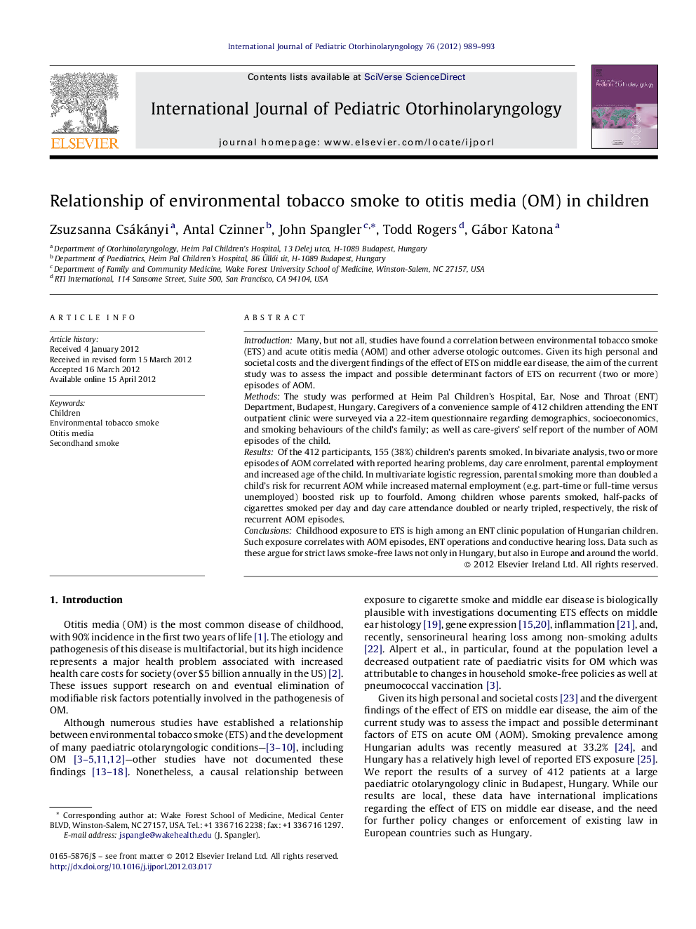 Relationship of environmental tobacco smoke to otitis media (OM) in children