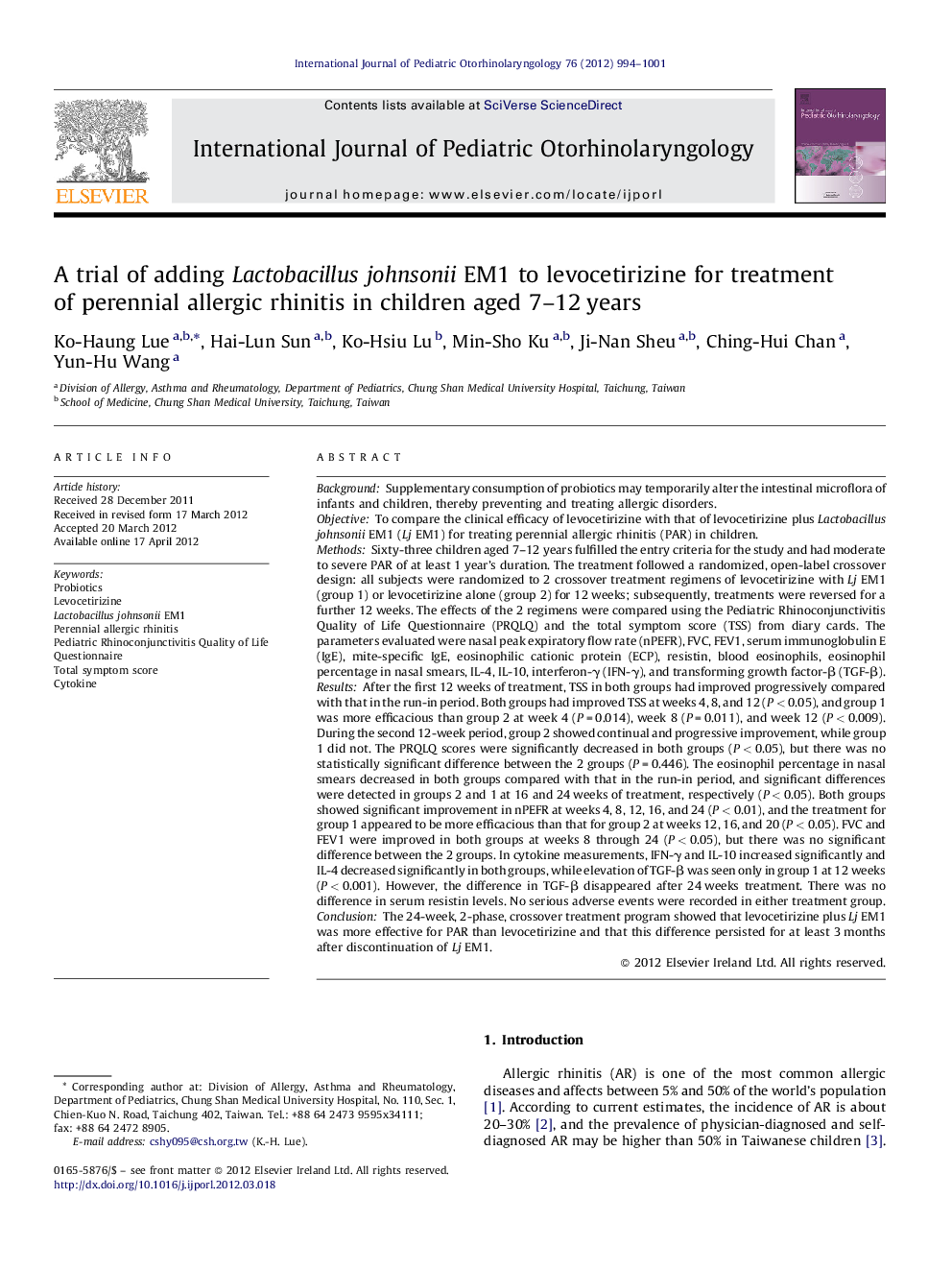 A trial of adding Lactobacillus johnsonii EM1 to levocetirizine for treatment of perennial allergic rhinitis in children aged 7–12 years