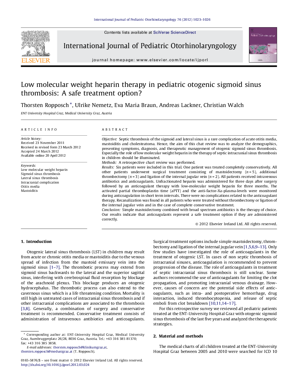 Low molecular weight heparin therapy in pediatric otogenic sigmoid sinus thrombosis: A safe treatment option?