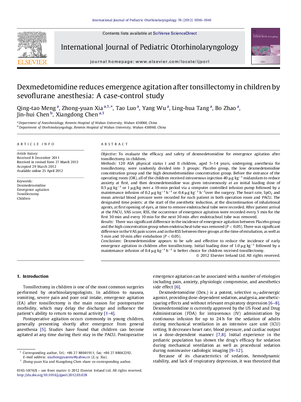 Dexmedetomidine reduces emergence agitation after tonsillectomy in children by sevoflurane anesthesia: A case-control study