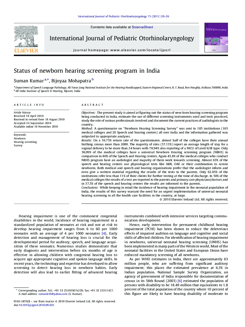 Status of newborn hearing screening program in India