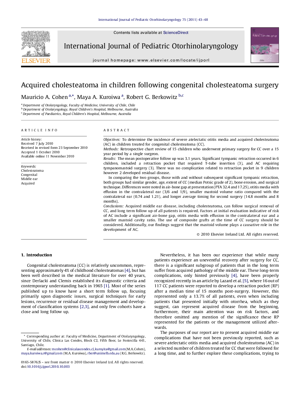 Acquired cholesteatoma in children following congenital cholesteatoma surgery