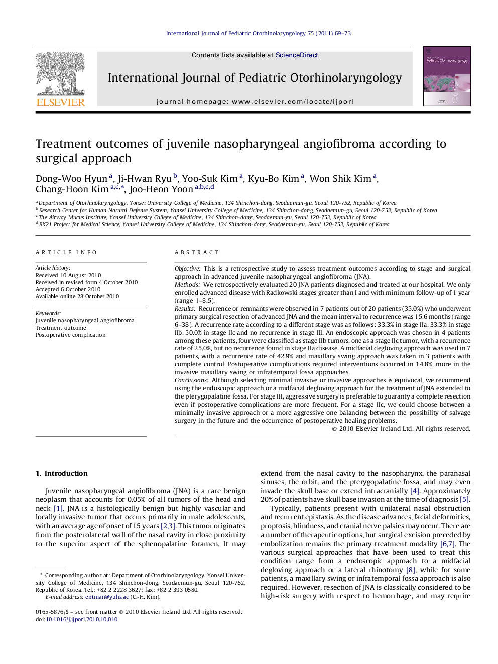 Treatment outcomes of juvenile nasopharyngeal angiofibroma according to surgical approach