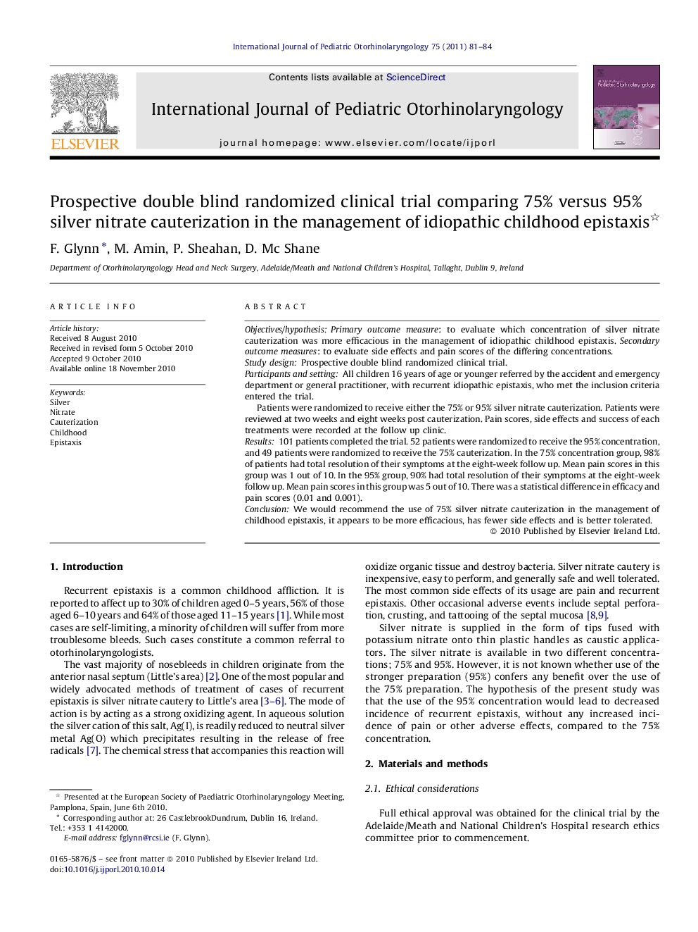 Prospective double blind randomized clinical trial comparing 75% versus 95% silver nitrate cauterization in the management of idiopathic childhood epistaxis 