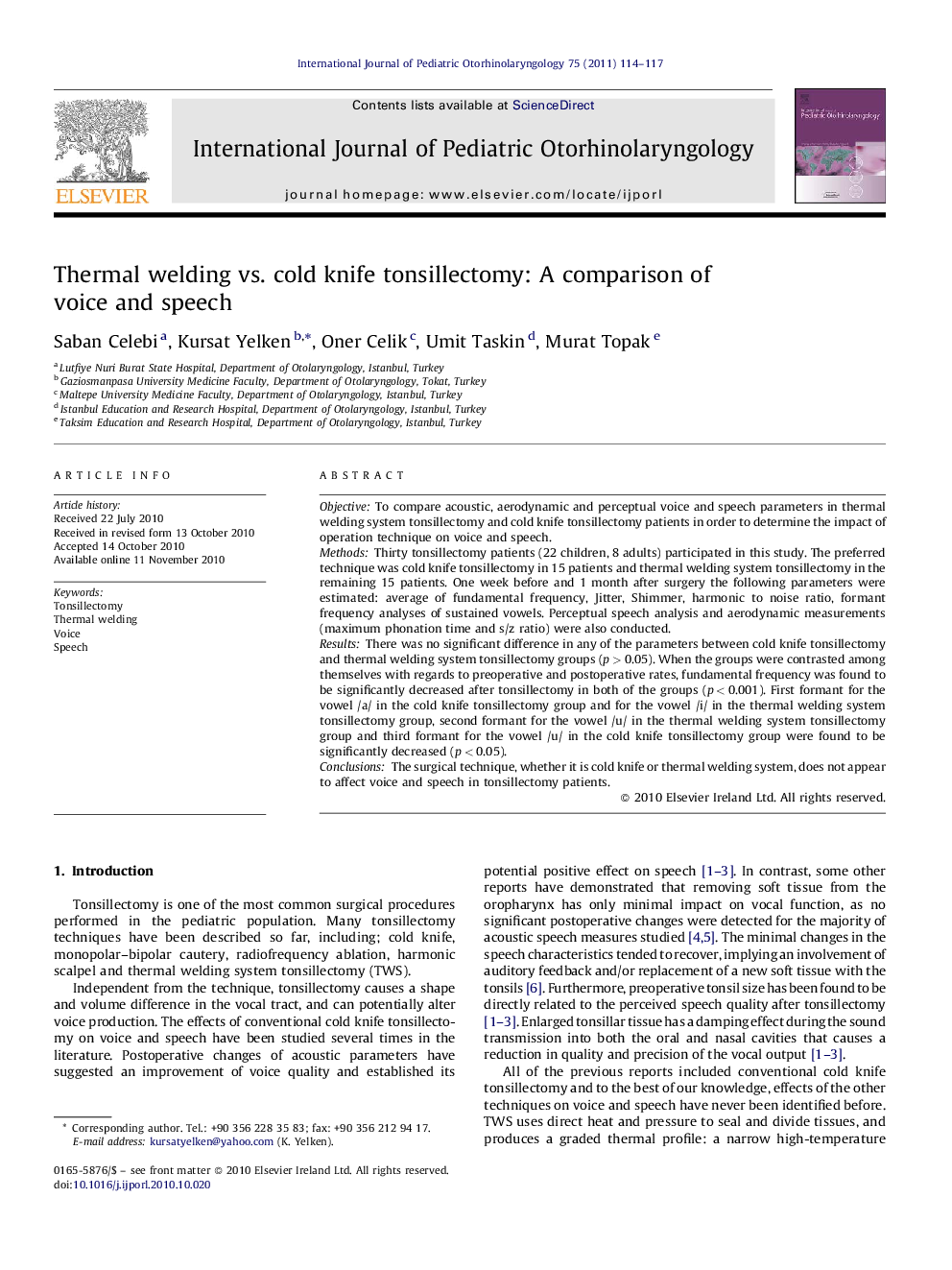 Thermal welding vs. cold knife tonsillectomy: A comparison of voice and speech