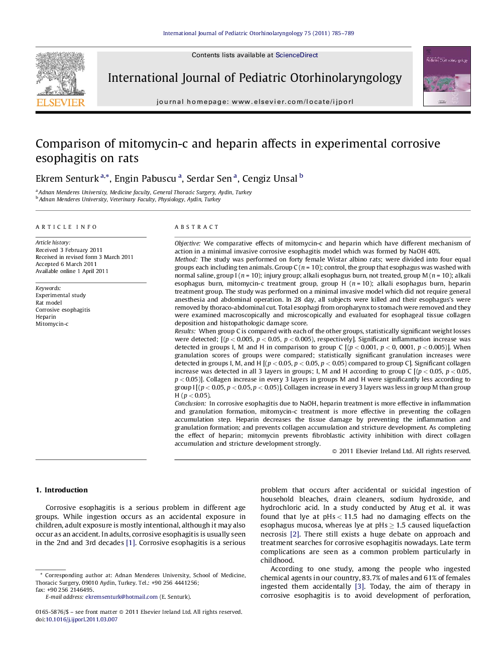 Comparison of mitomycin-c and heparin affects in experimental corrosive esophagitis on rats