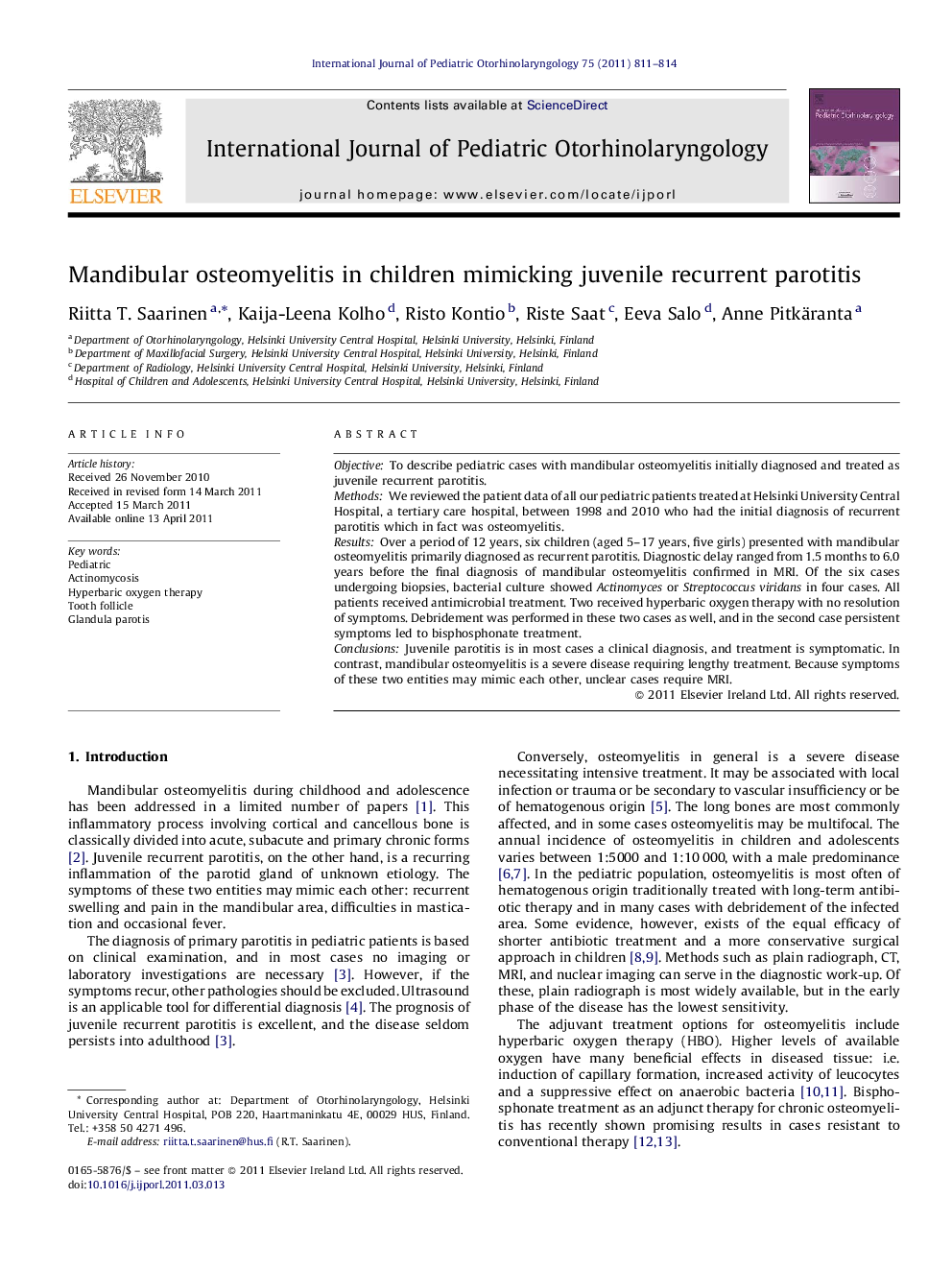 Mandibular osteomyelitis in children mimicking juvenile recurrent parotitis