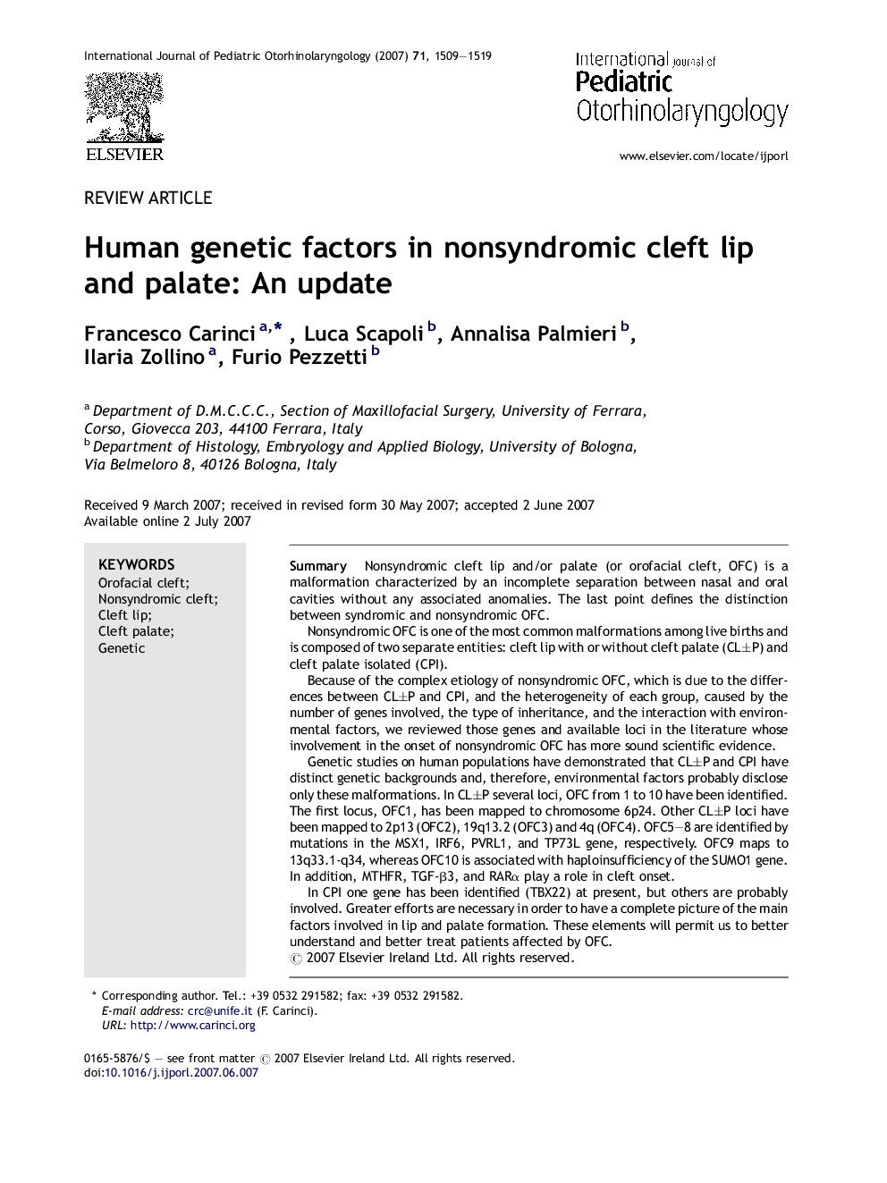 Human genetic factors in nonsyndromic cleft lip and palate: An update