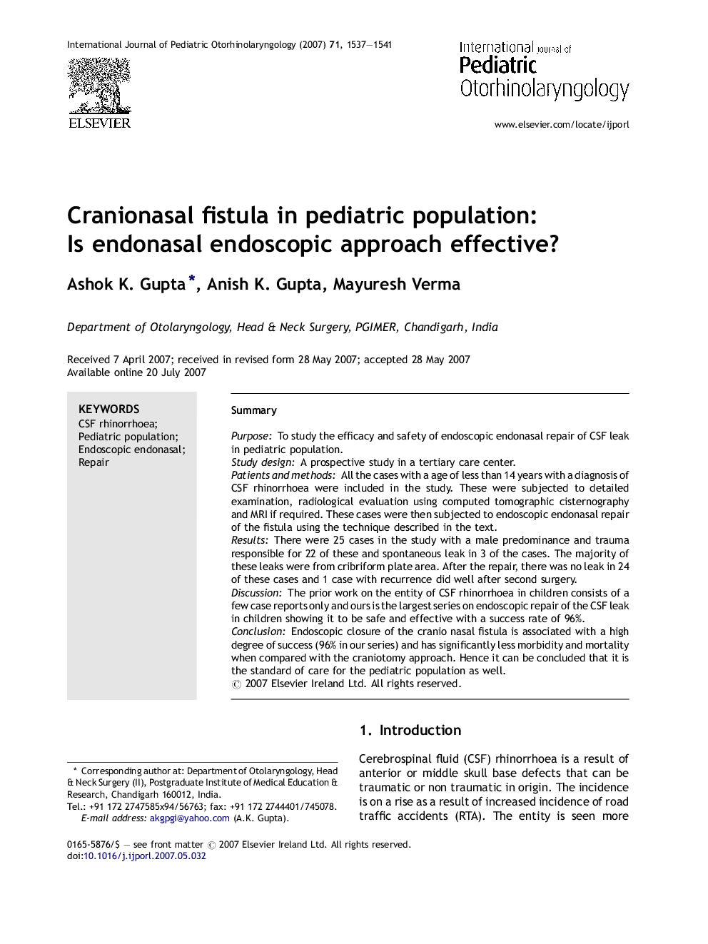 Cranionasal fistula in pediatric population: Is endonasal endoscopic approach effective?