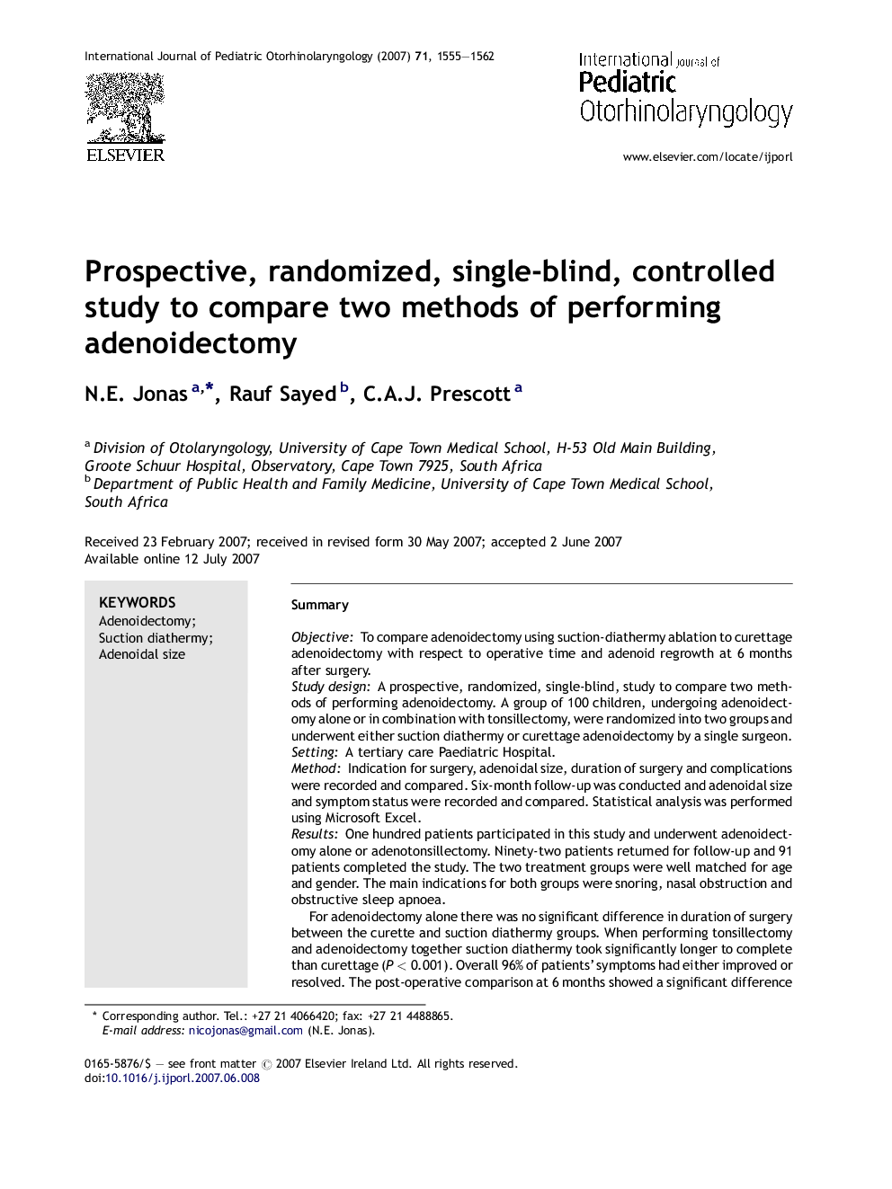Prospective, randomized, single-blind, controlled study to compare two methods of performing adenoidectomy