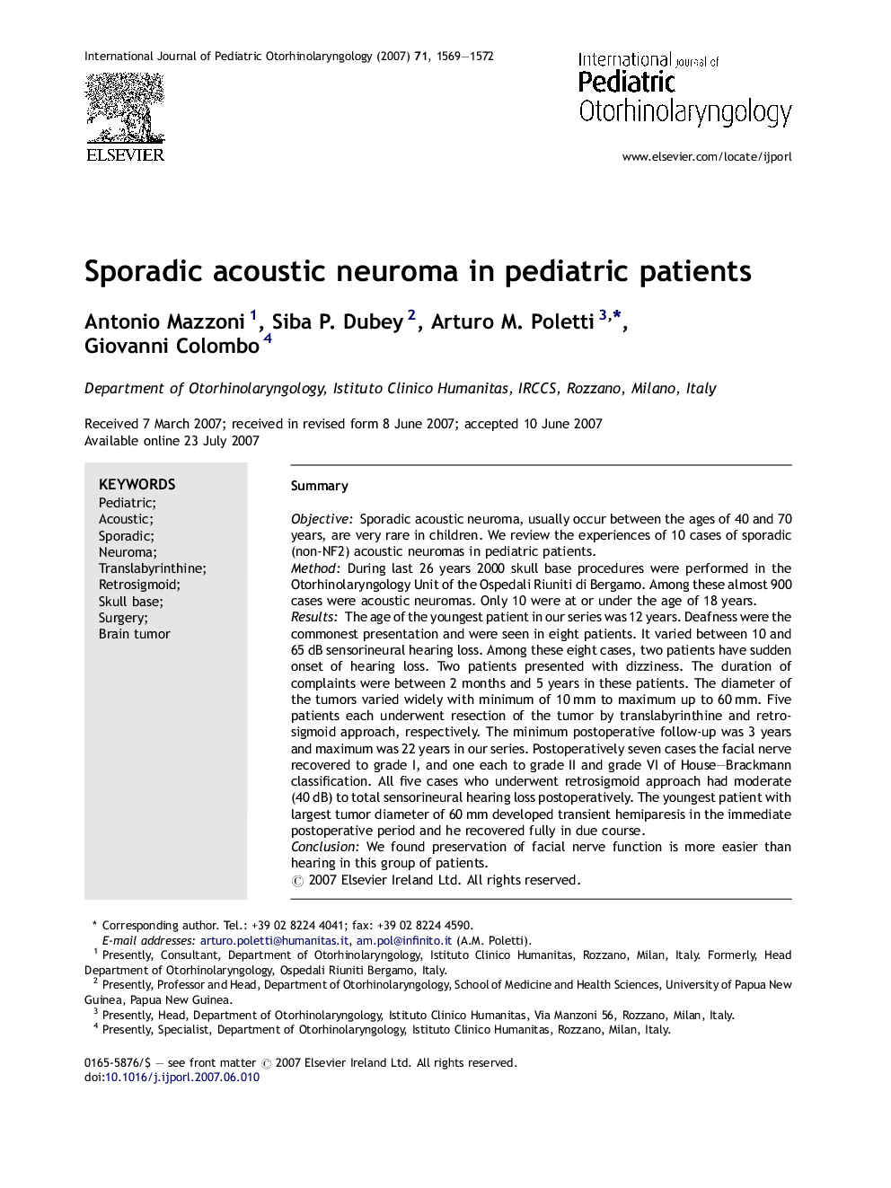 Sporadic acoustic neuroma in pediatric patients