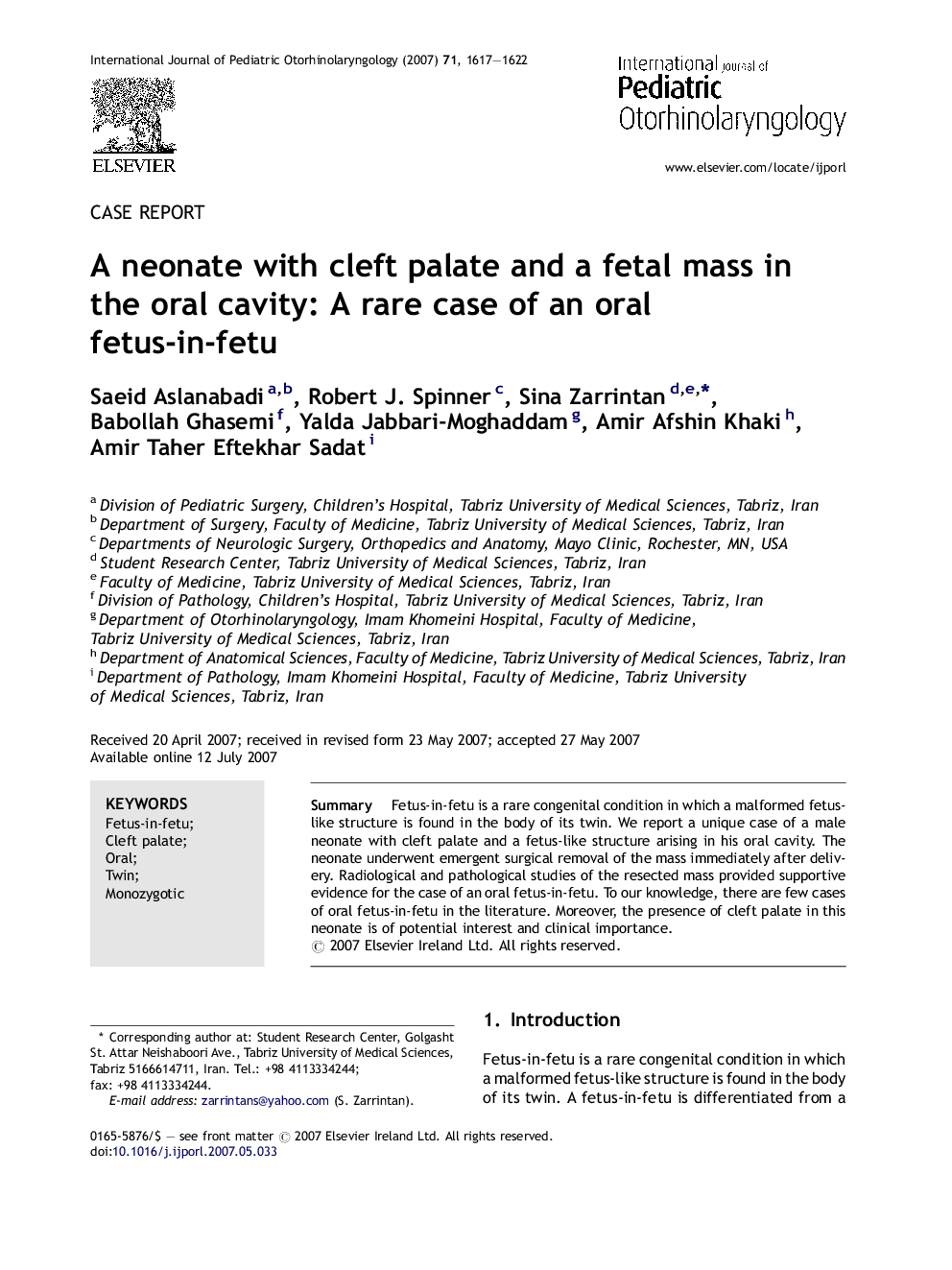 A neonate with cleft palate and a fetal mass in the oral cavity: A rare case of an oral fetus-in-fetu