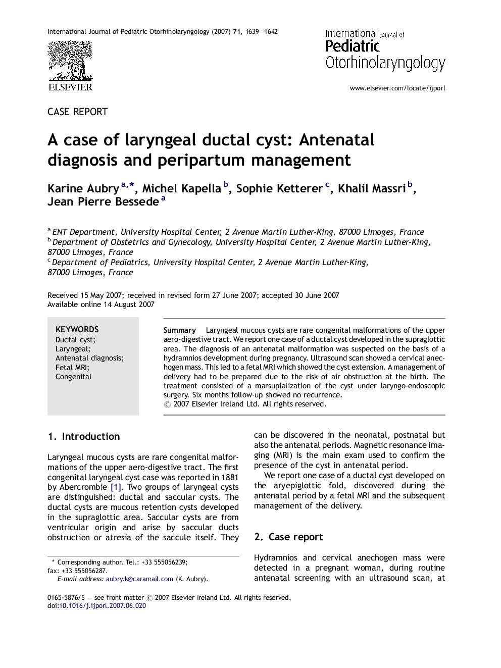 A case of laryngeal ductal cyst: Antenatal diagnosis and peripartum management