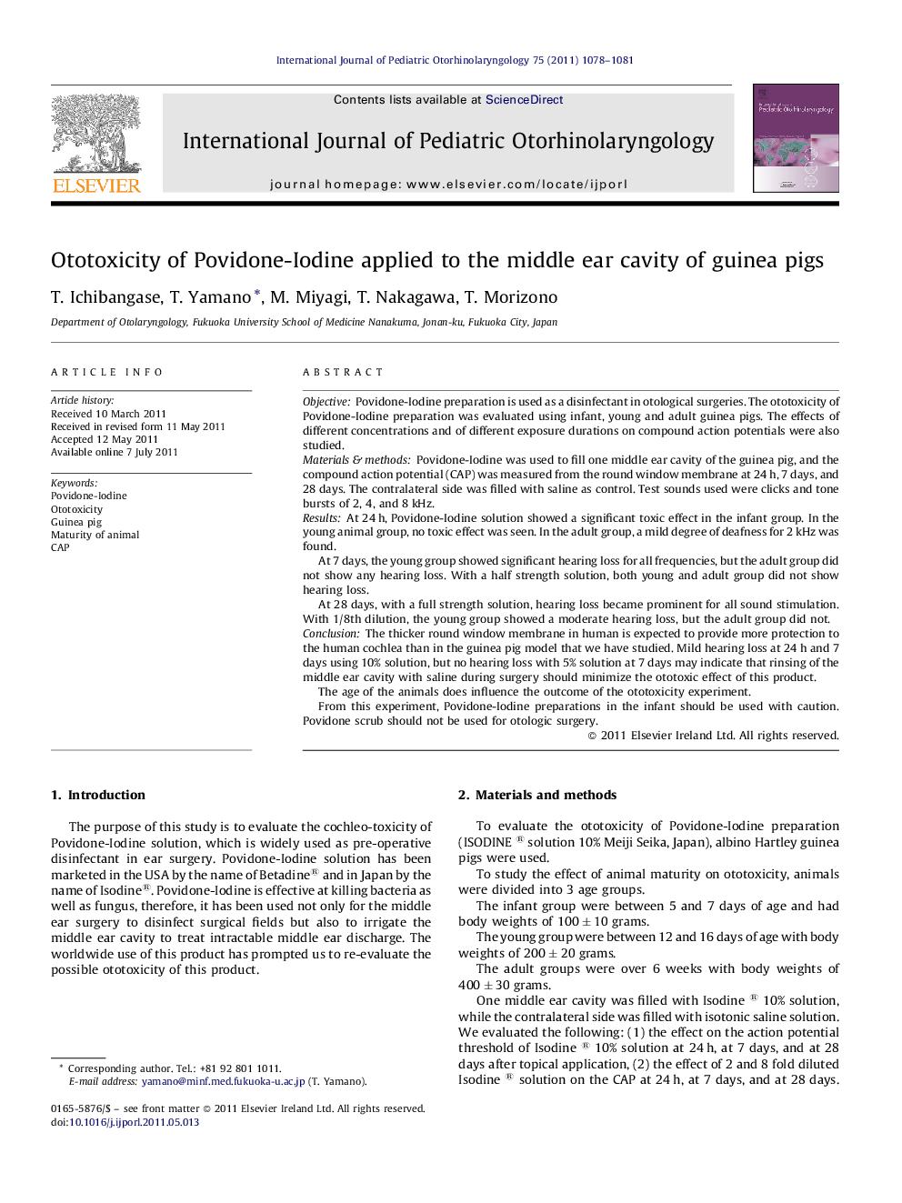 Ototoxicity of Povidone-Iodine applied to the middle ear cavity of guinea pigs