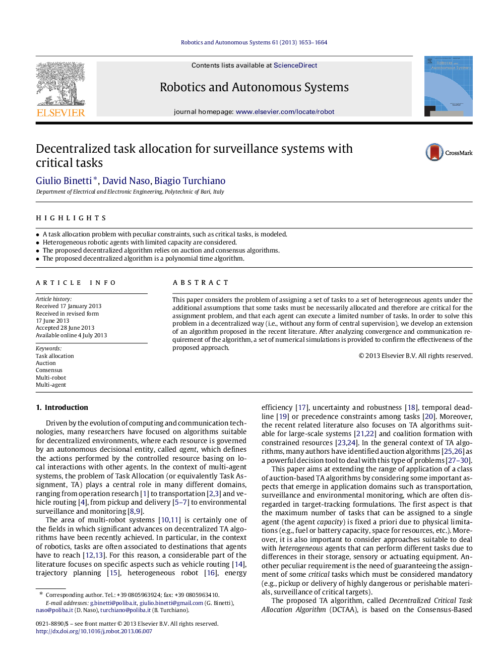 Decentralized task allocation for surveillance systems with critical tasks