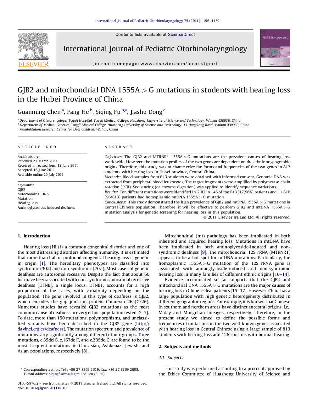 GJB2 and mitochondrial DNA 1555A > G mutations in students with hearing loss in the Hubei Province of China