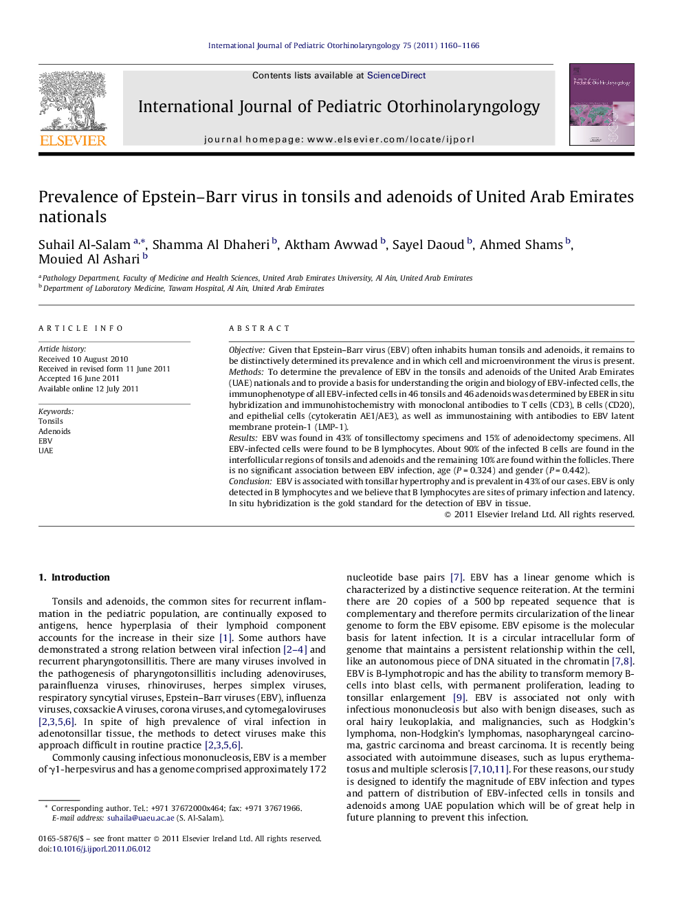 Prevalence of Epstein–Barr virus in tonsils and adenoids of United Arab Emirates nationals