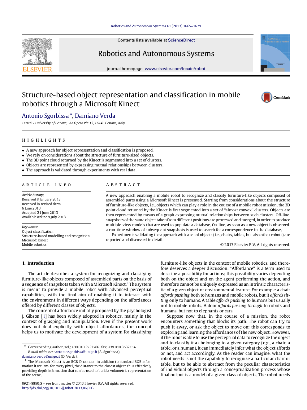 Structure-based object representation and classification in mobile robotics through a Microsoft Kinect