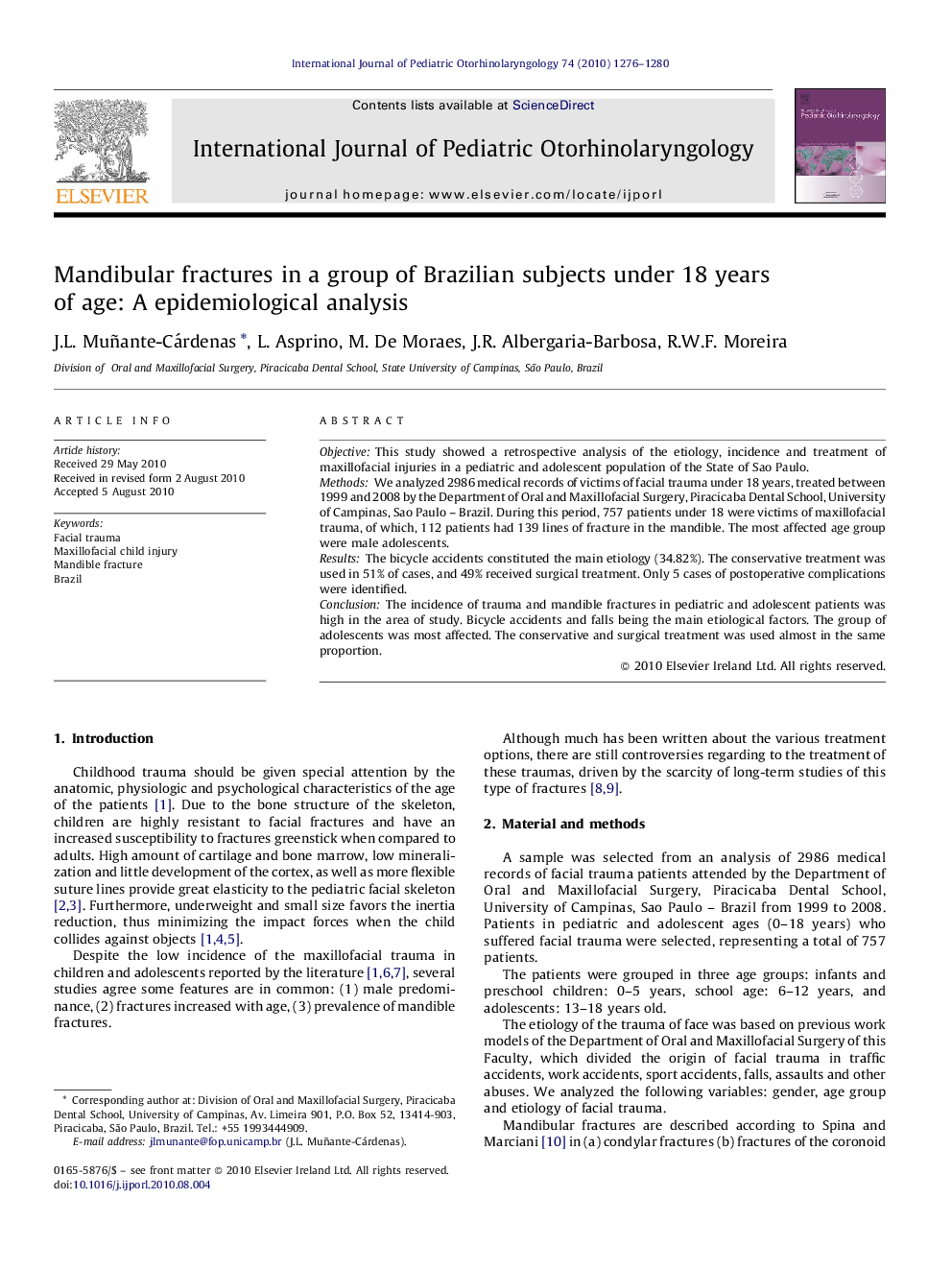 Mandibular fractures in a group of Brazilian subjects under 18 years of age: A epidemiological analysis