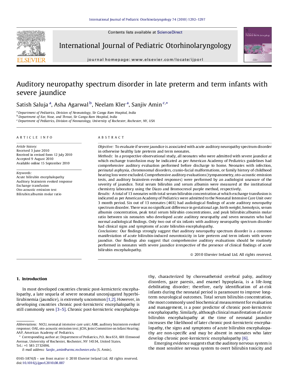 Auditory neuropathy spectrum disorder in late preterm and term infants with severe jaundice