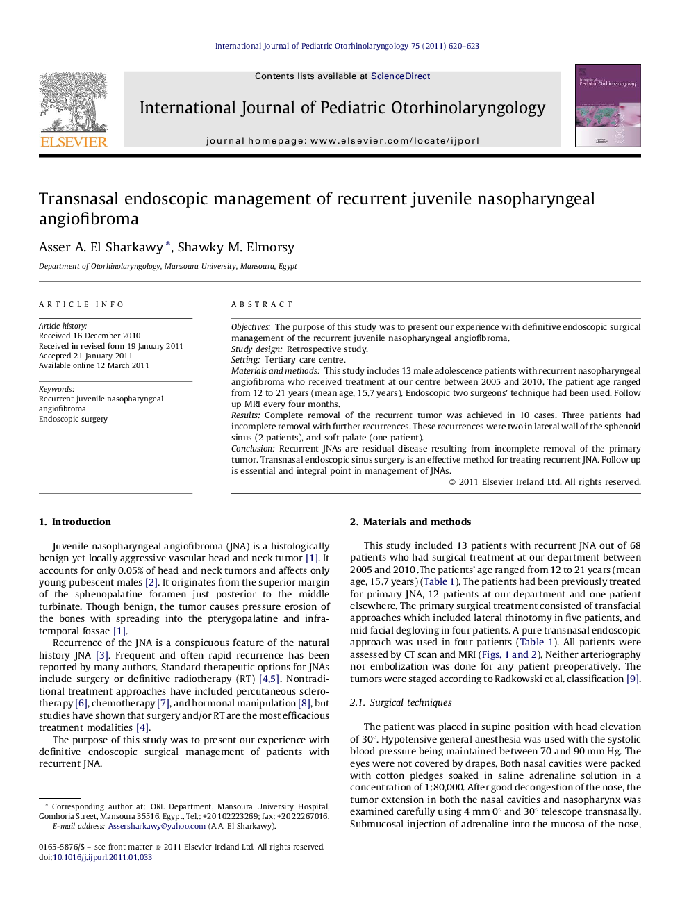 Transnasal endoscopic management of recurrent juvenile nasopharyngeal angiofibroma