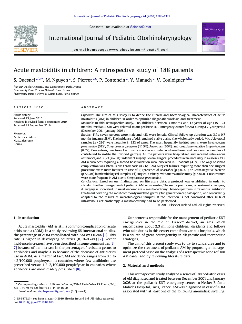Acute mastoiditis in children: A retrospective study of 188 patients