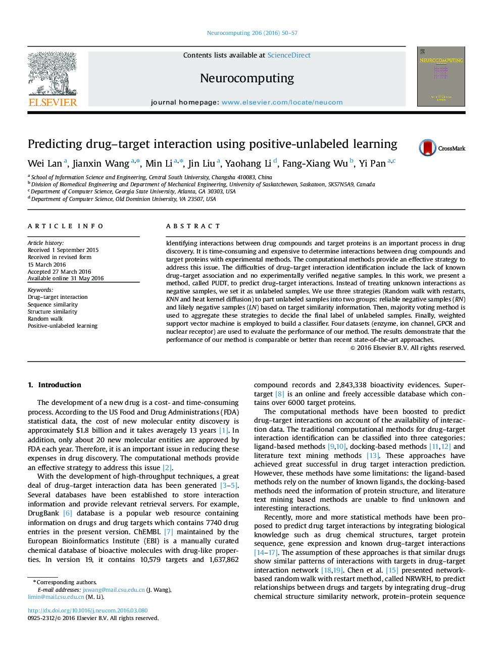 Predicting drug–target interaction using positive-unlabeled learning