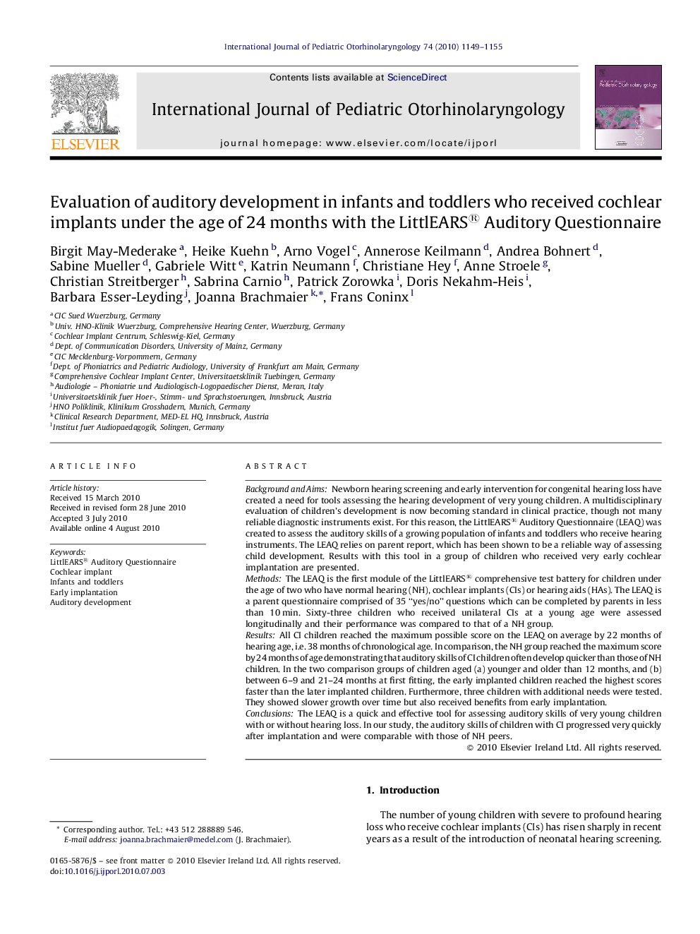 Evaluation of auditory development in infants and toddlers who received cochlear implants under the age of 24 months with the LittlEARS® Auditory Questionnaire