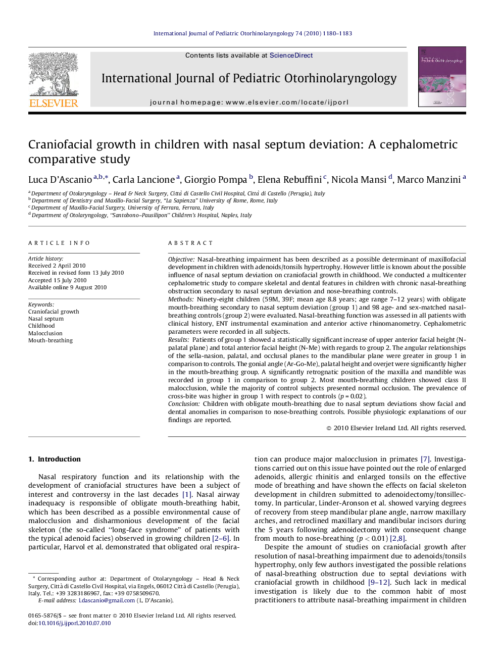 Craniofacial growth in children with nasal septum deviation: A cephalometric comparative study