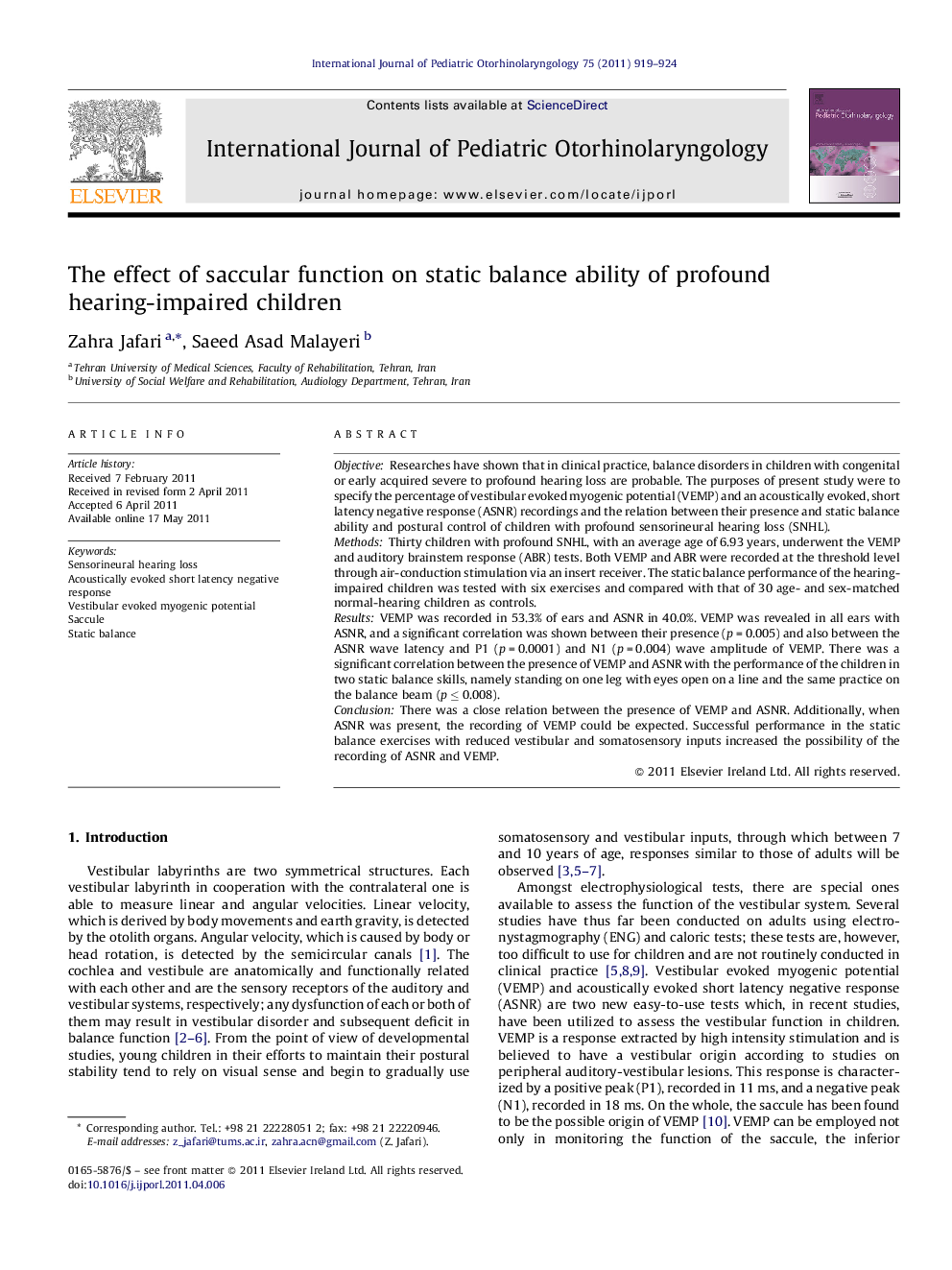 The effect of saccular function on static balance ability of profound hearing-impaired children