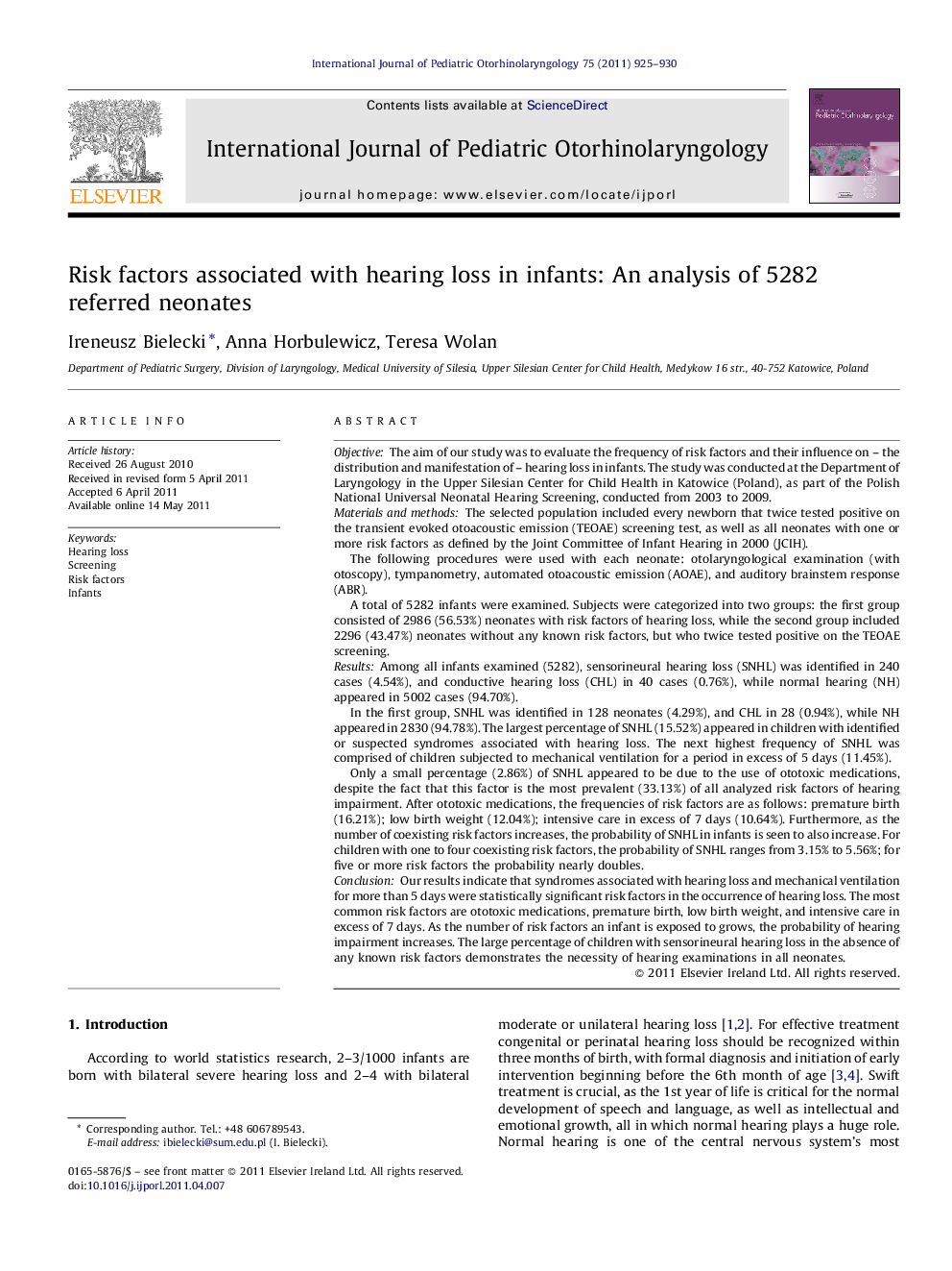 Risk factors associated with hearing loss in infants: An analysis of 5282 referred neonates