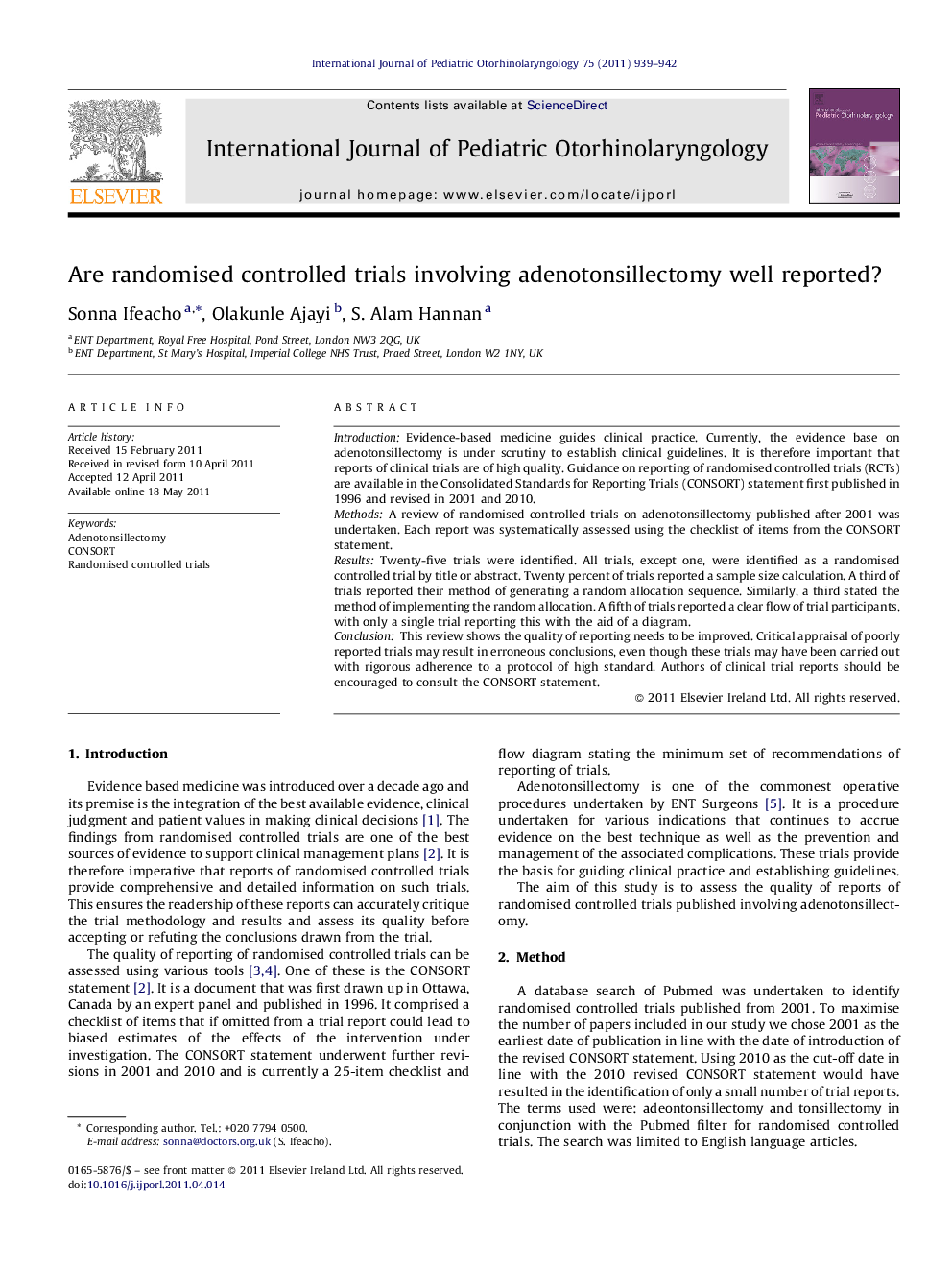 Are randomised controlled trials involving adenotonsillectomy well reported?