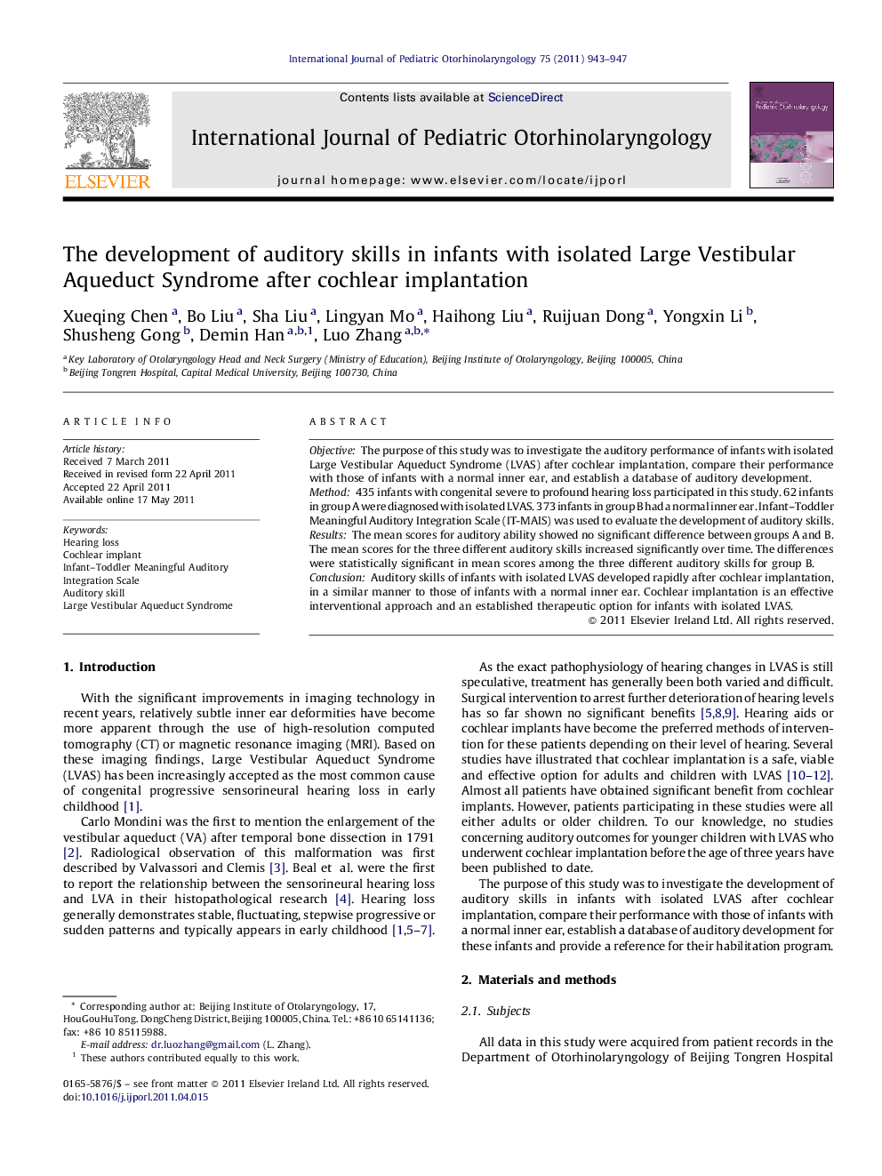 The development of auditory skills in infants with isolated Large Vestibular Aqueduct Syndrome after cochlear implantation