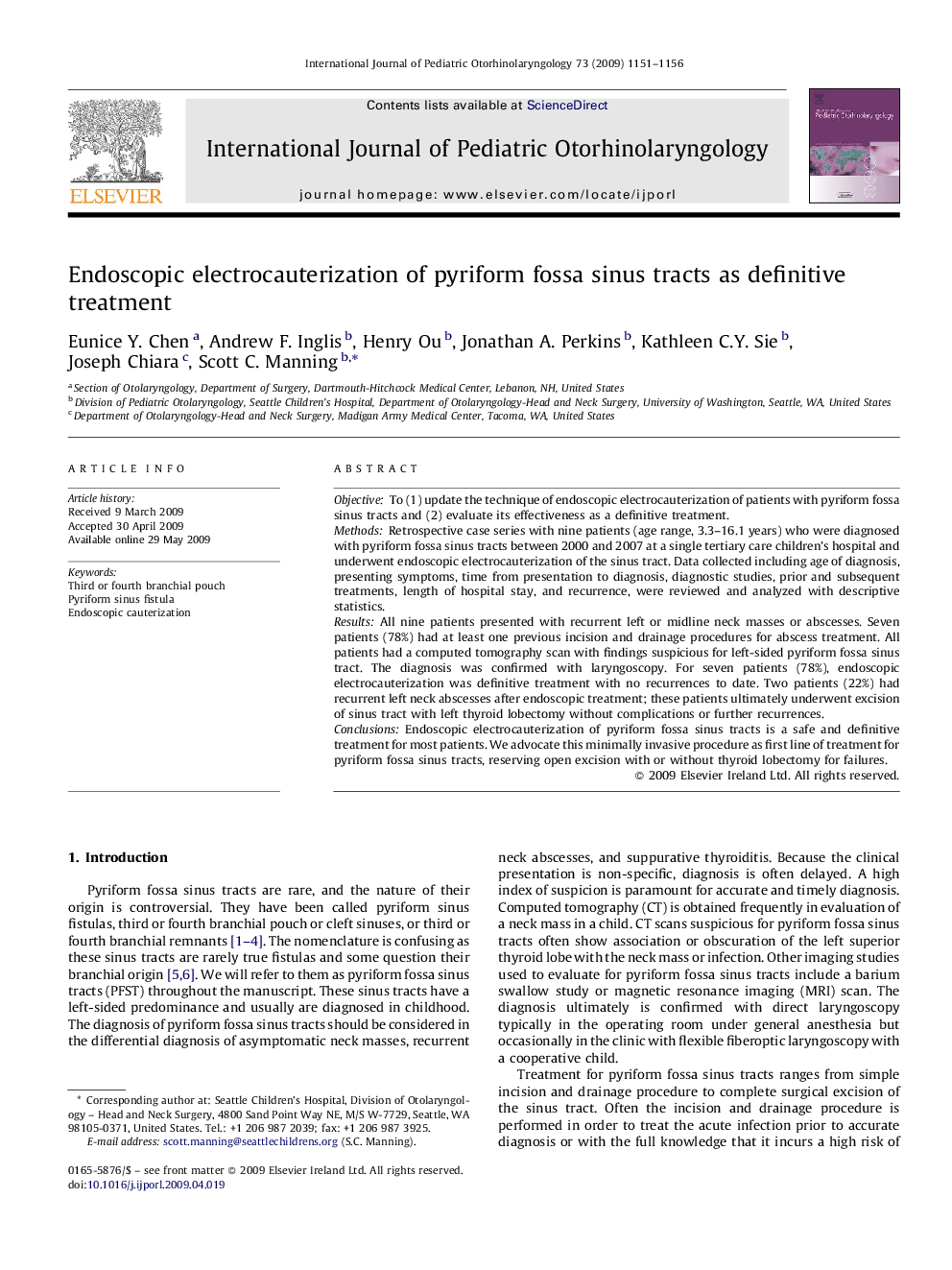 Endoscopic electrocauterization of pyriform fossa sinus tracts as definitive treatment