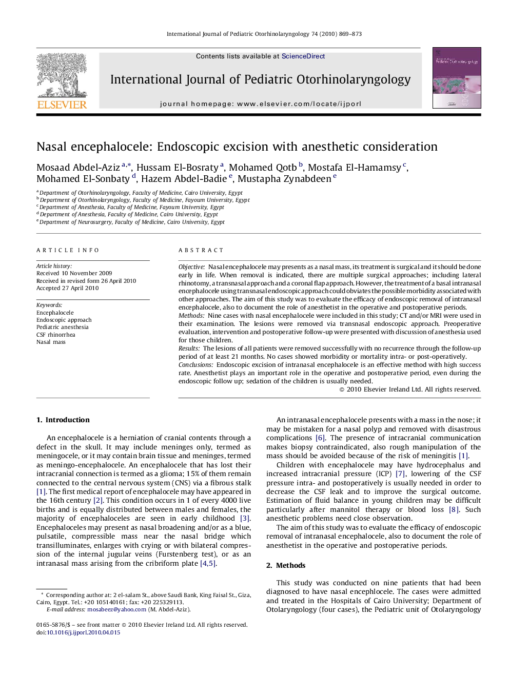 Nasal encephalocele: Endoscopic excision with anesthetic consideration