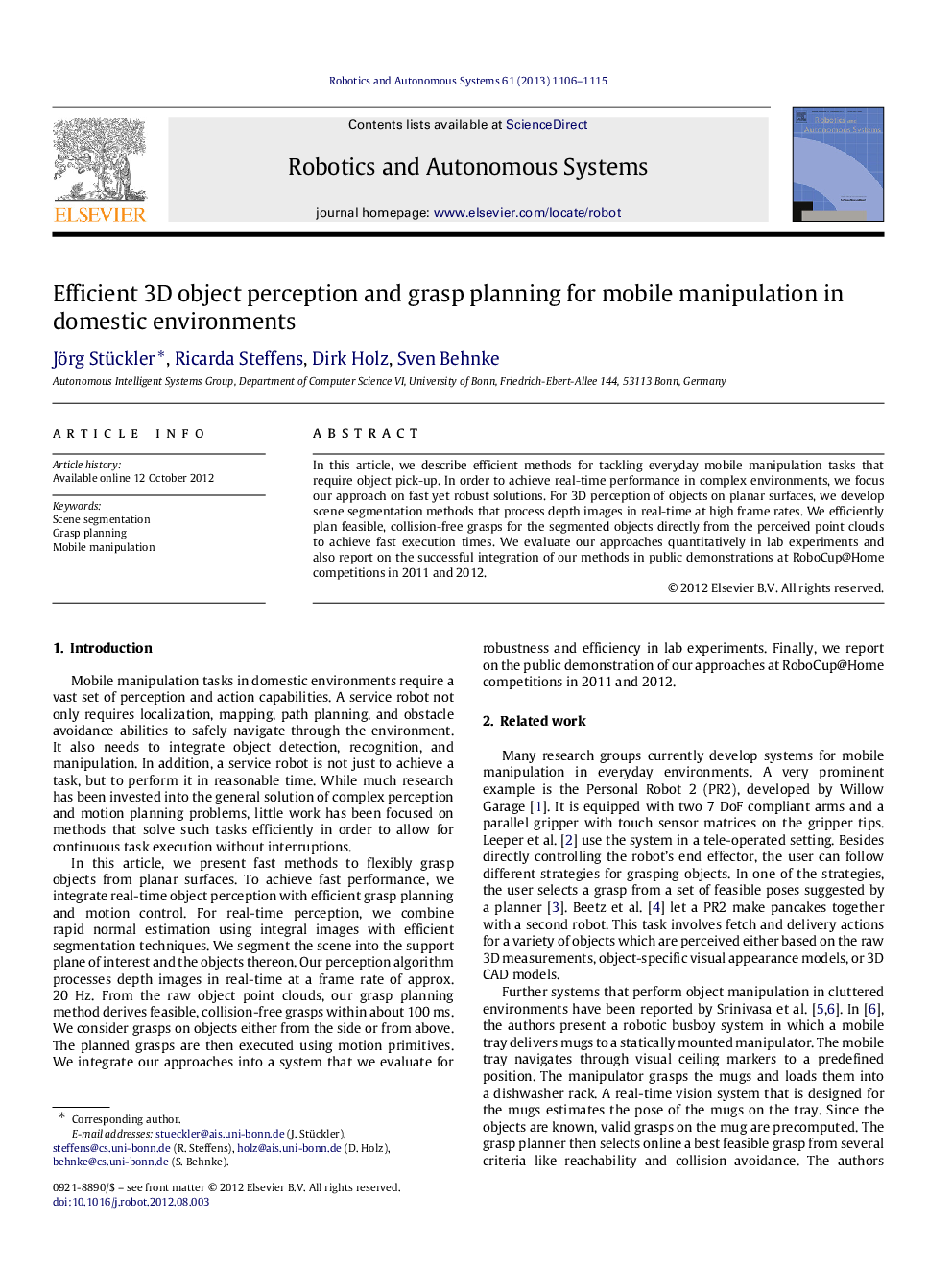 Efficient 3D object perception and grasp planning for mobile manipulation in domestic environments