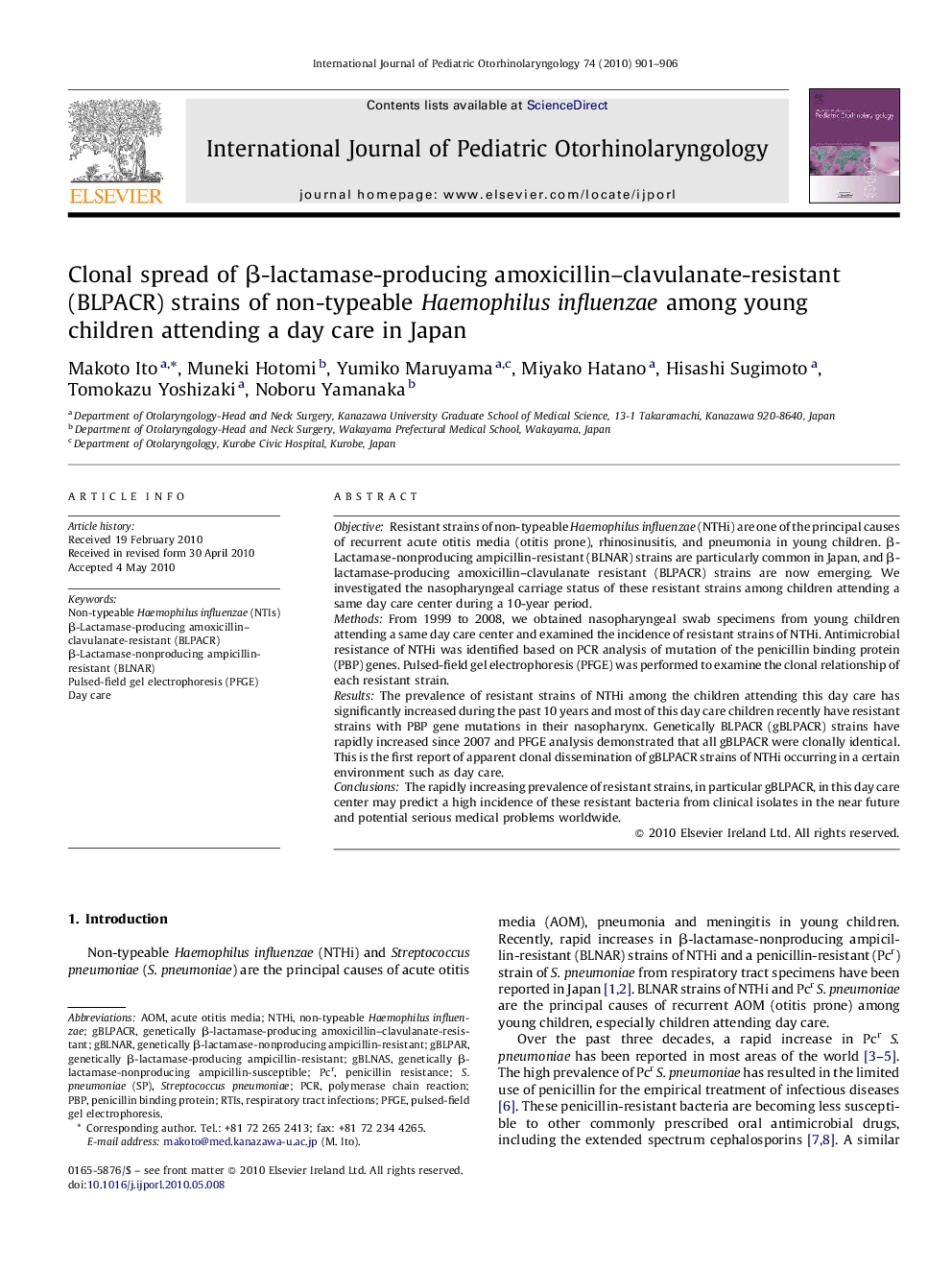 Clonal spread of β-lactamase-producing amoxicillin–clavulanate-resistant (BLPACR) strains of non-typeable Haemophilus influenzae among young children attending a day care in Japan